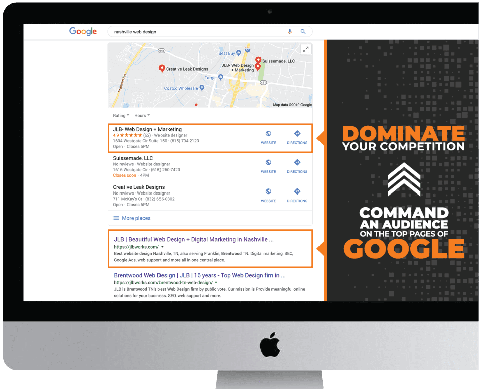 Nashville SEO showing JLB web design ranking as for Nashville Web Design in Google for the Tennessee website design of JLB, noted the best web design company in Nashville, Brentwood and Franklin TN with SEO, inbound marketing, graphic design and web support services all in-house.